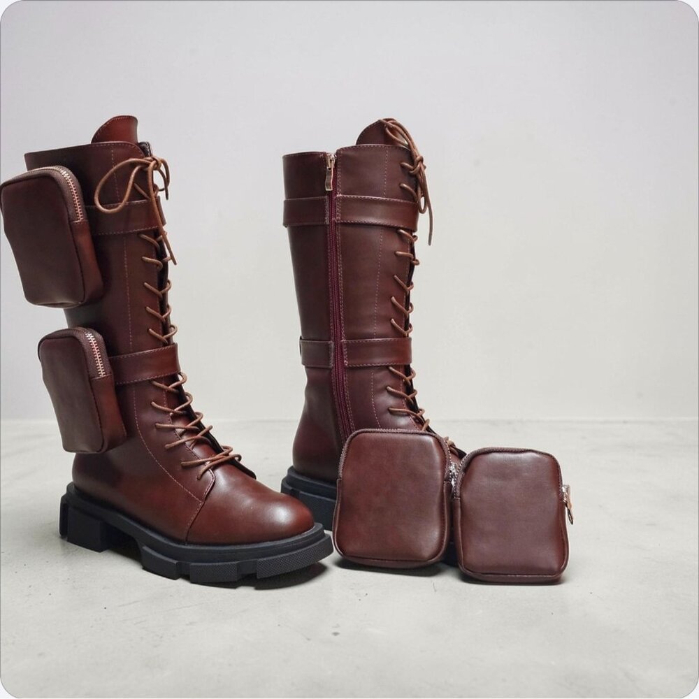 Lace-Up Wine Combat Boots With Detachable Utility Pouches & Side Zippers For Wom - Picture 10 of 12